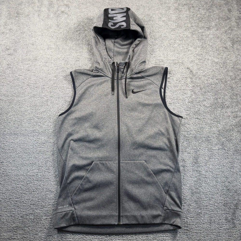 Nike Dri-FIT Mens Gray Full Zip Sleeveless Hoodie Swoosh Training Vest Gym Moto